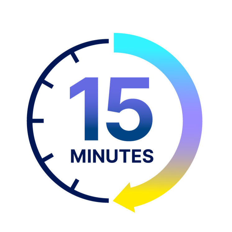 Clock icon with '15 minutes' text on a white background