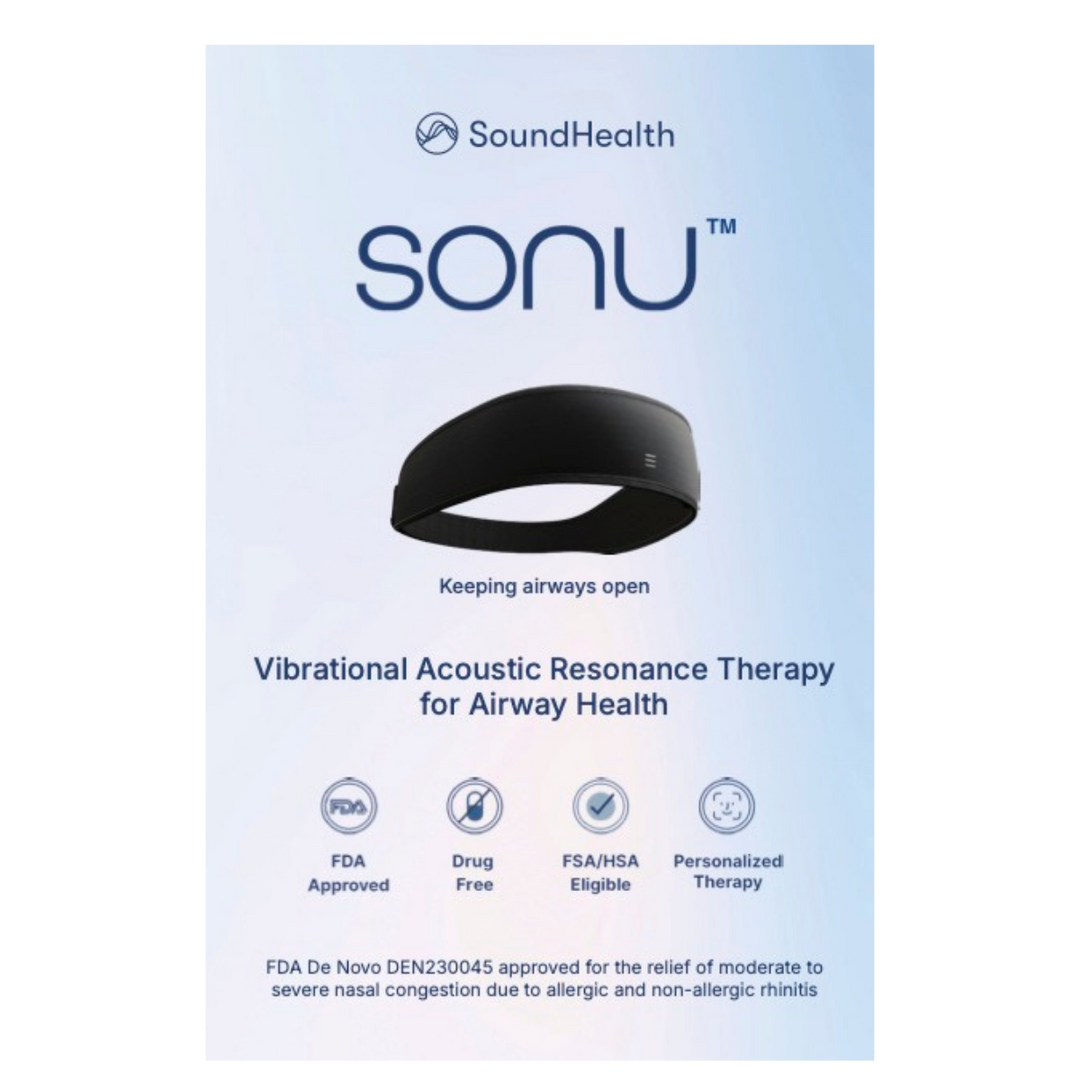 SoundHealth SONU product packaging with a black device on a light blue background