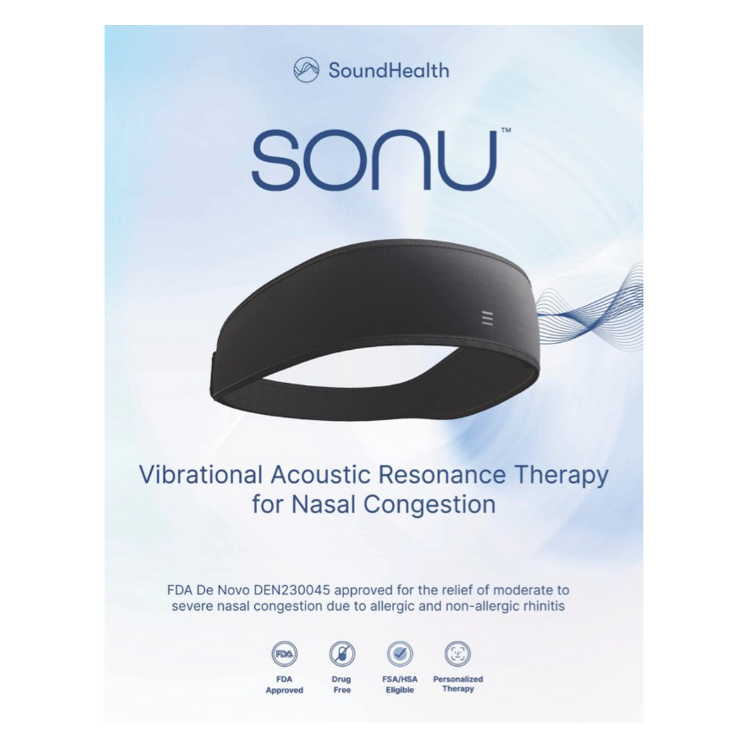 Black headband with 'SoundHealth SONU' branding on a light blue background