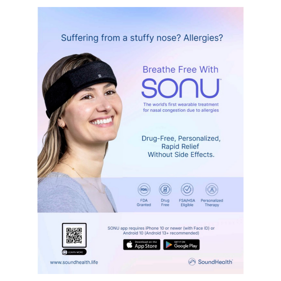 Advertisement for SONU, a wearable treatment for nasal congestion due to allergies, featuring a woman wearing a black headband.