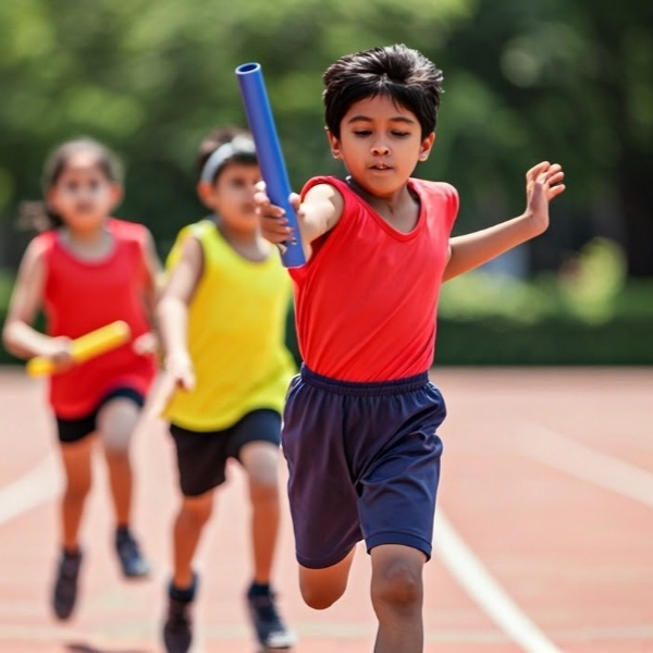 Children running on a track with one child holding a baton