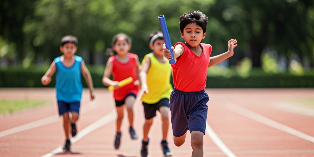 Children running on a track with one child holding a baton
