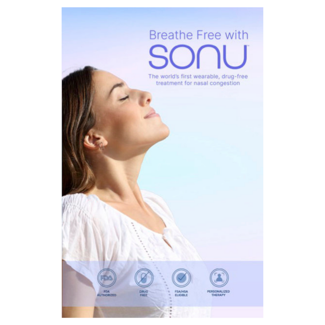 Advertisement for SONU, a wearable treatment for nasal congestion, with a woman breathing freely against a light blue background.
