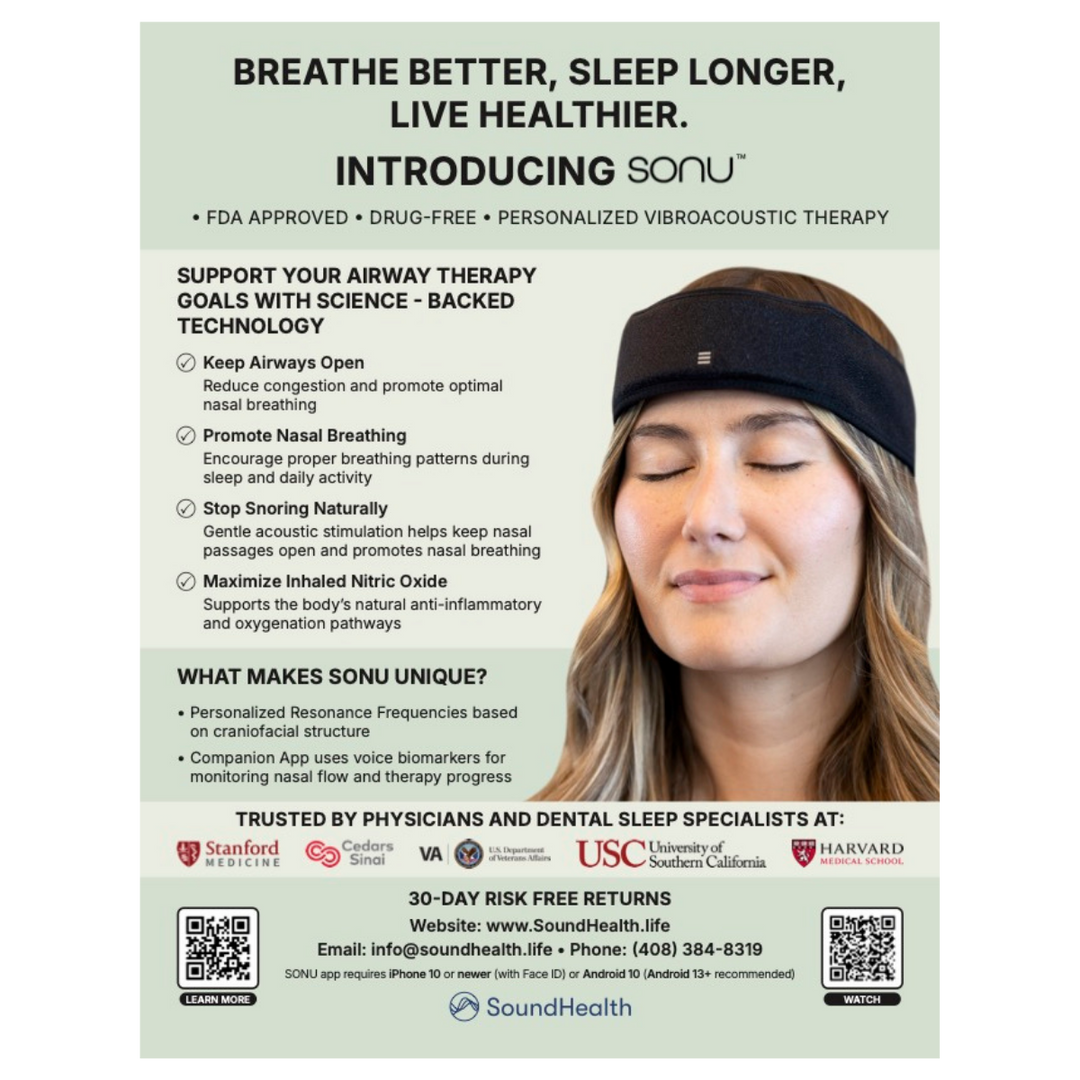 Advertisement for Sonu, a personalized vibroacoustic therapy device, with a woman wearing a black headband.