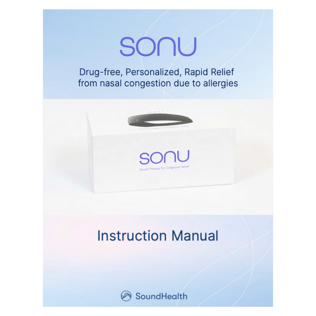 SONU product packaging with an instruction manual on a light blue background