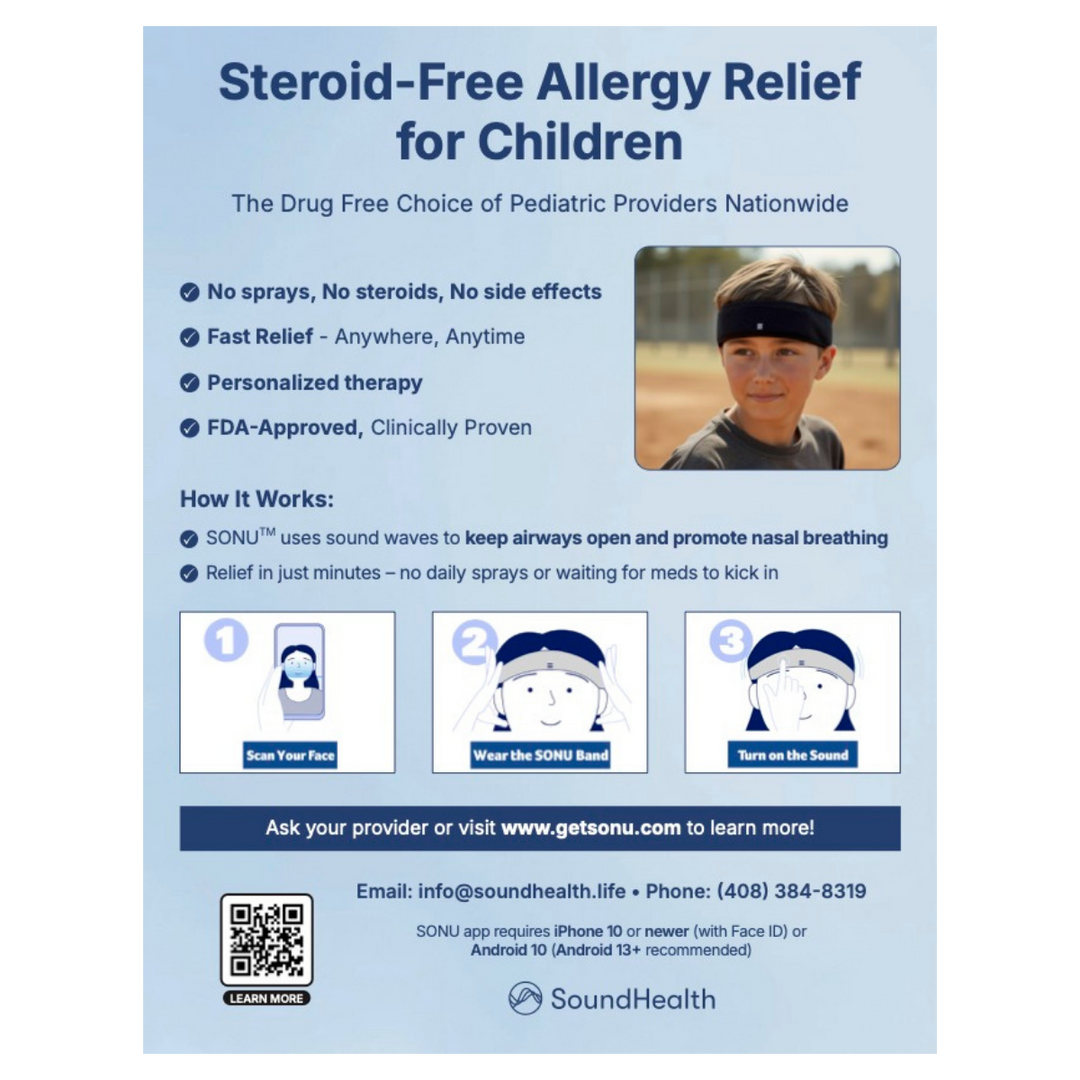 Advertisement for steroid-free allergy relief for children with a boy wearing a headband on a blue background.