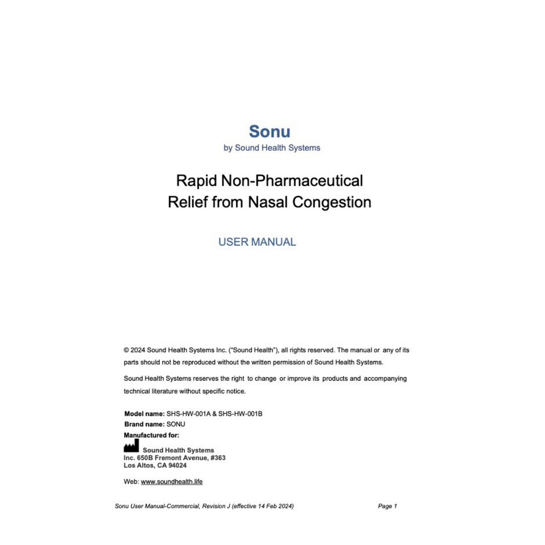 User manual for Sonu device by Sound Health Systems on a white background