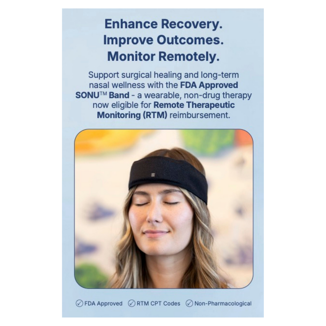 Promotional image of a woman wearing a black headband with text about the SONU Band's benefits.