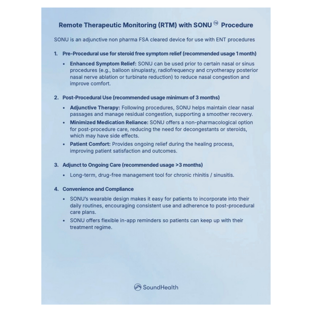 Informational text about Remote Therapeutic Monitoring with SONU device on a light blue background