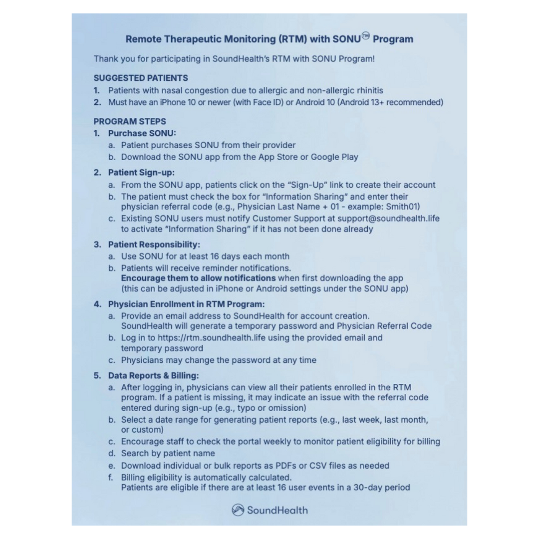 Information sheet about Remote Therapeutic Monitoring with SONU program by SoundHealth on a light blue background.