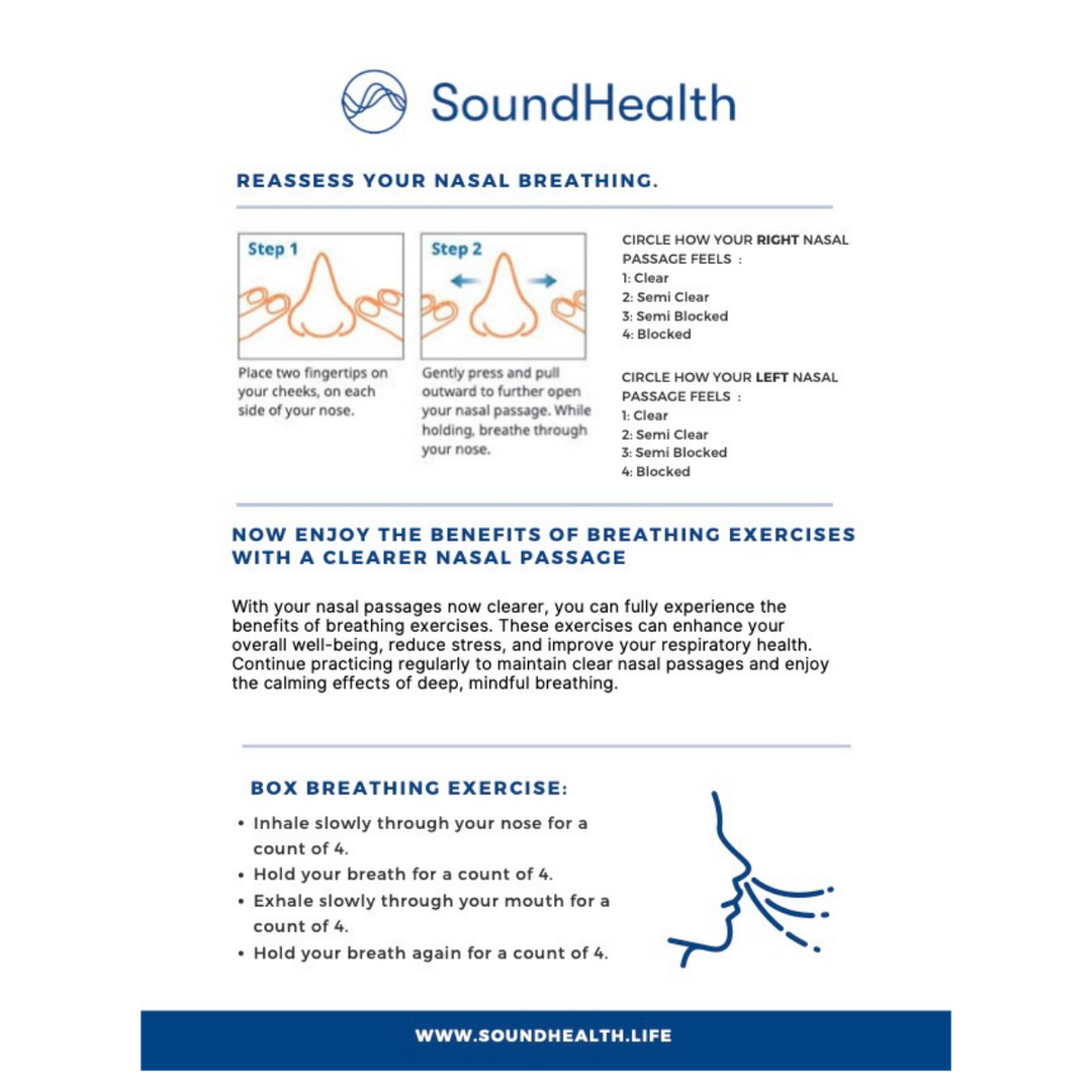 SoundHealth nasal breathing assessment sheet with instructions and diagrams.