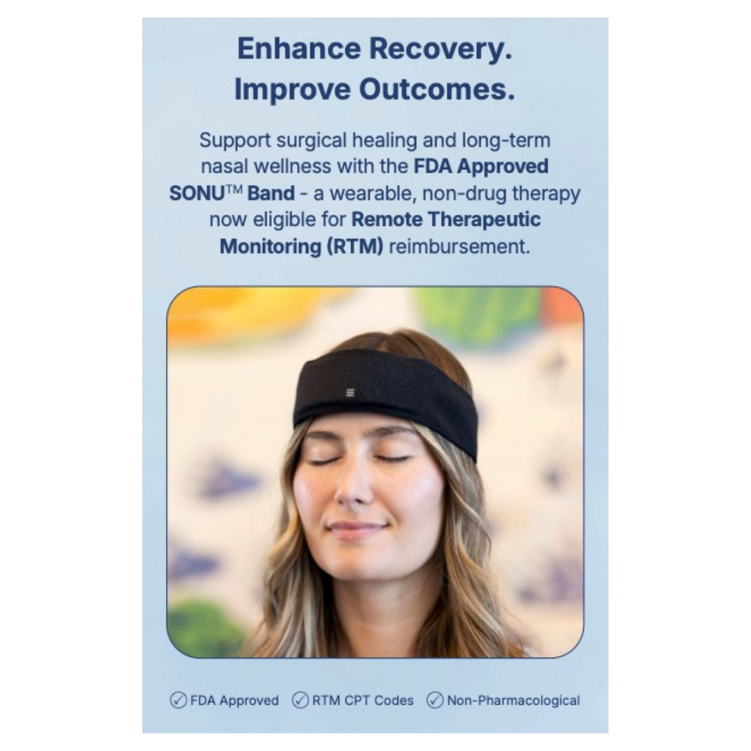 Advertisement for SONU Band with a woman wearing it, set against a light blue background.