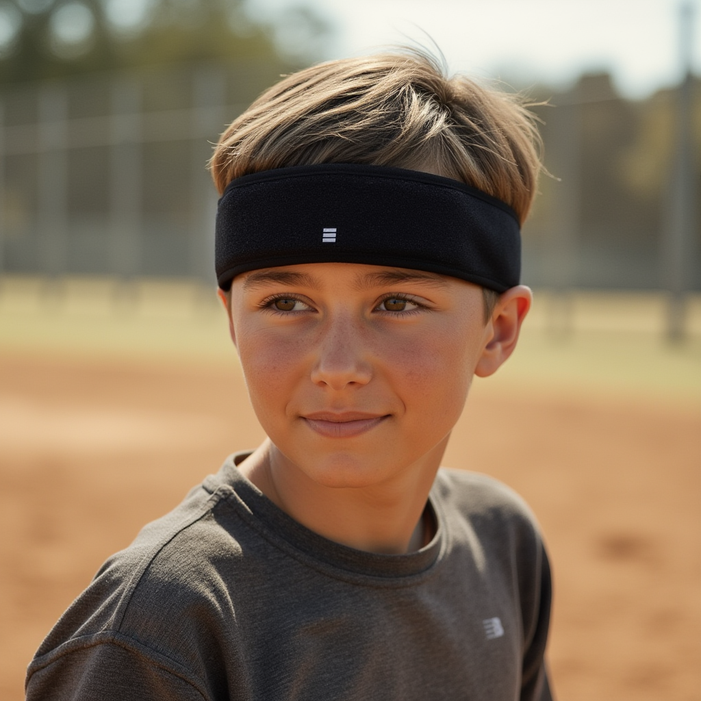 Person wearing a black headband with a logo on a sports field