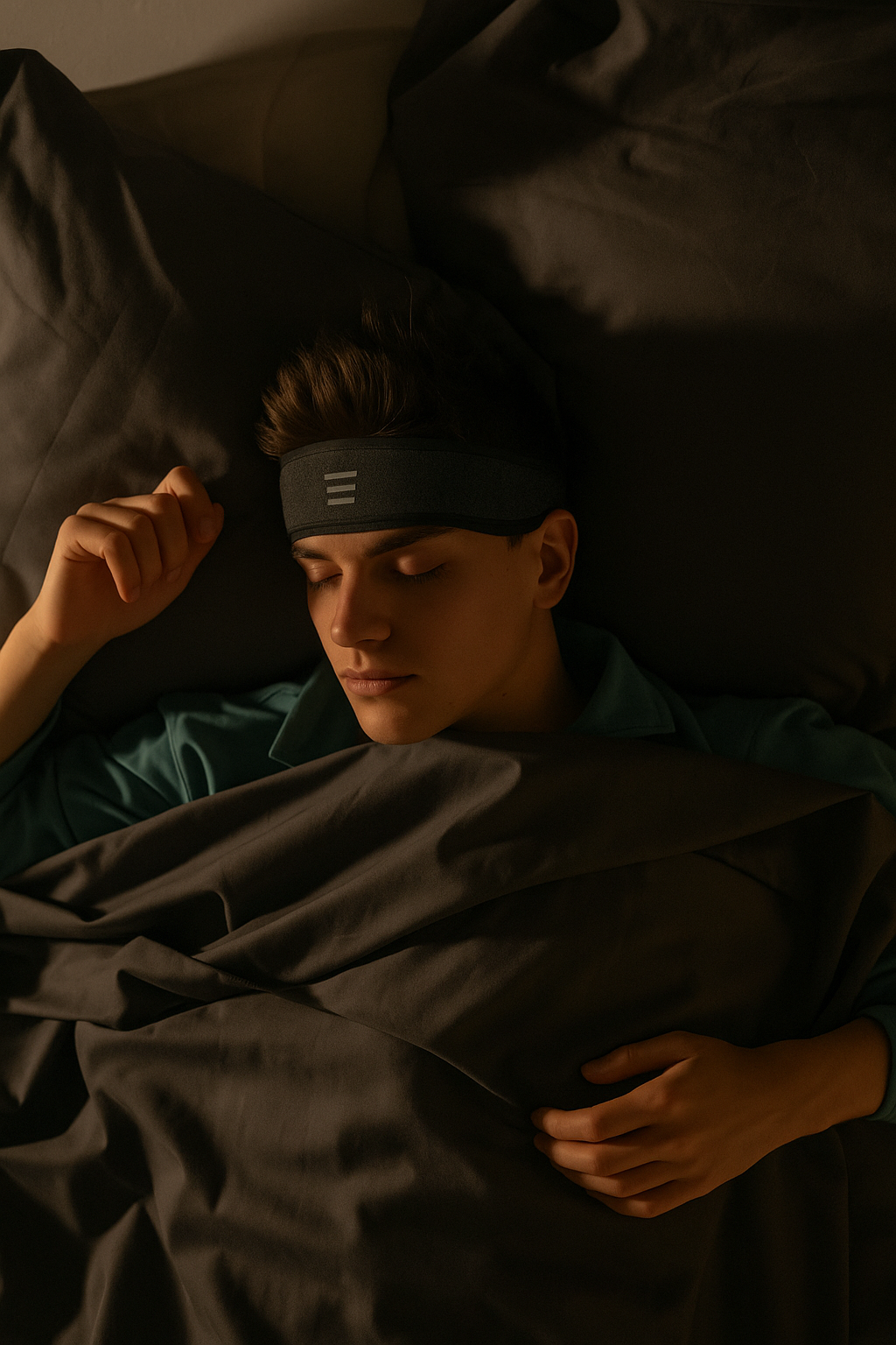 Person lying in bed with SONU headband