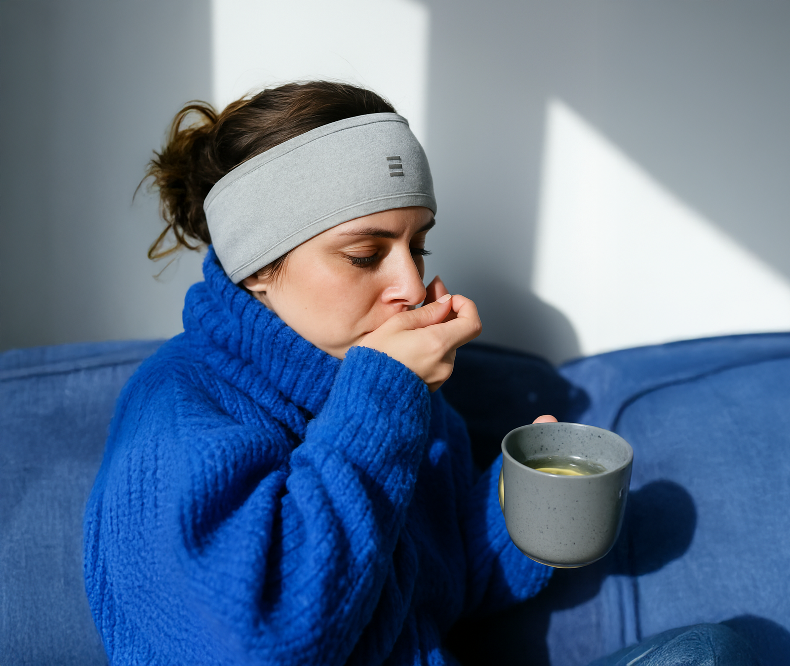 Woman wearing gray SONU headband