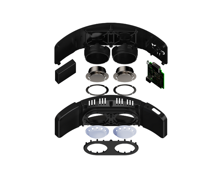Set of black mechanical components on a white background
