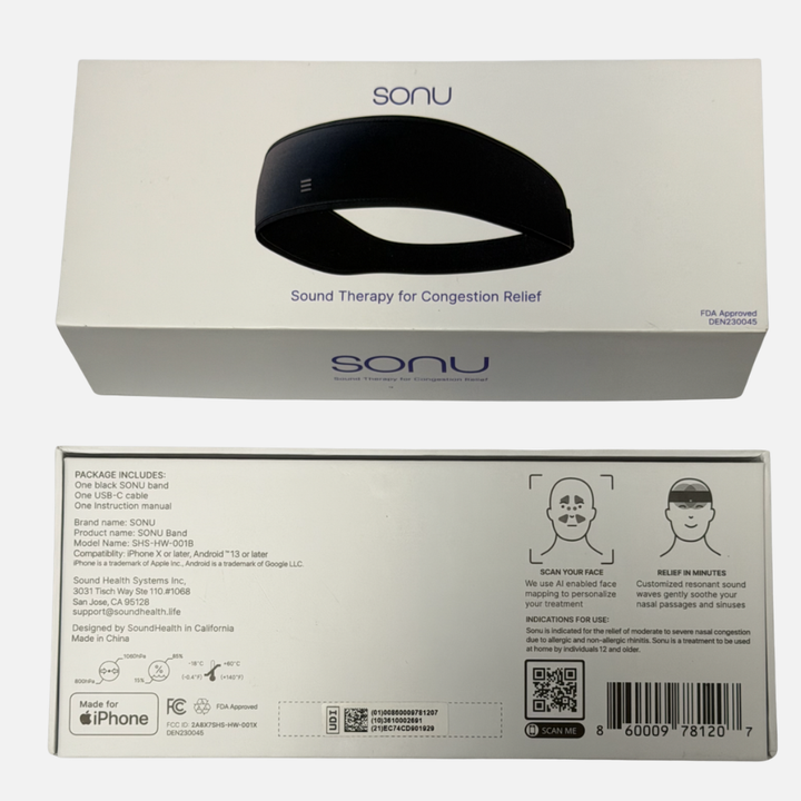 Front and back views of the Sonu band box on a white background, showing the product packaging.