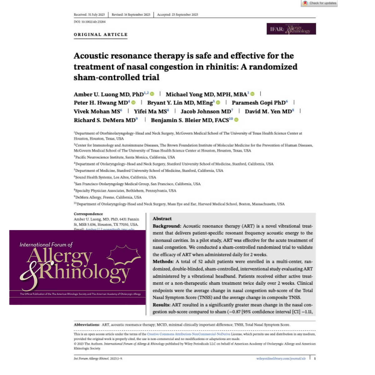 Acoustic resonance therapy is safe and effective for the treatment of nasal congestion in rhinitis: A randomized sham-controlled trial