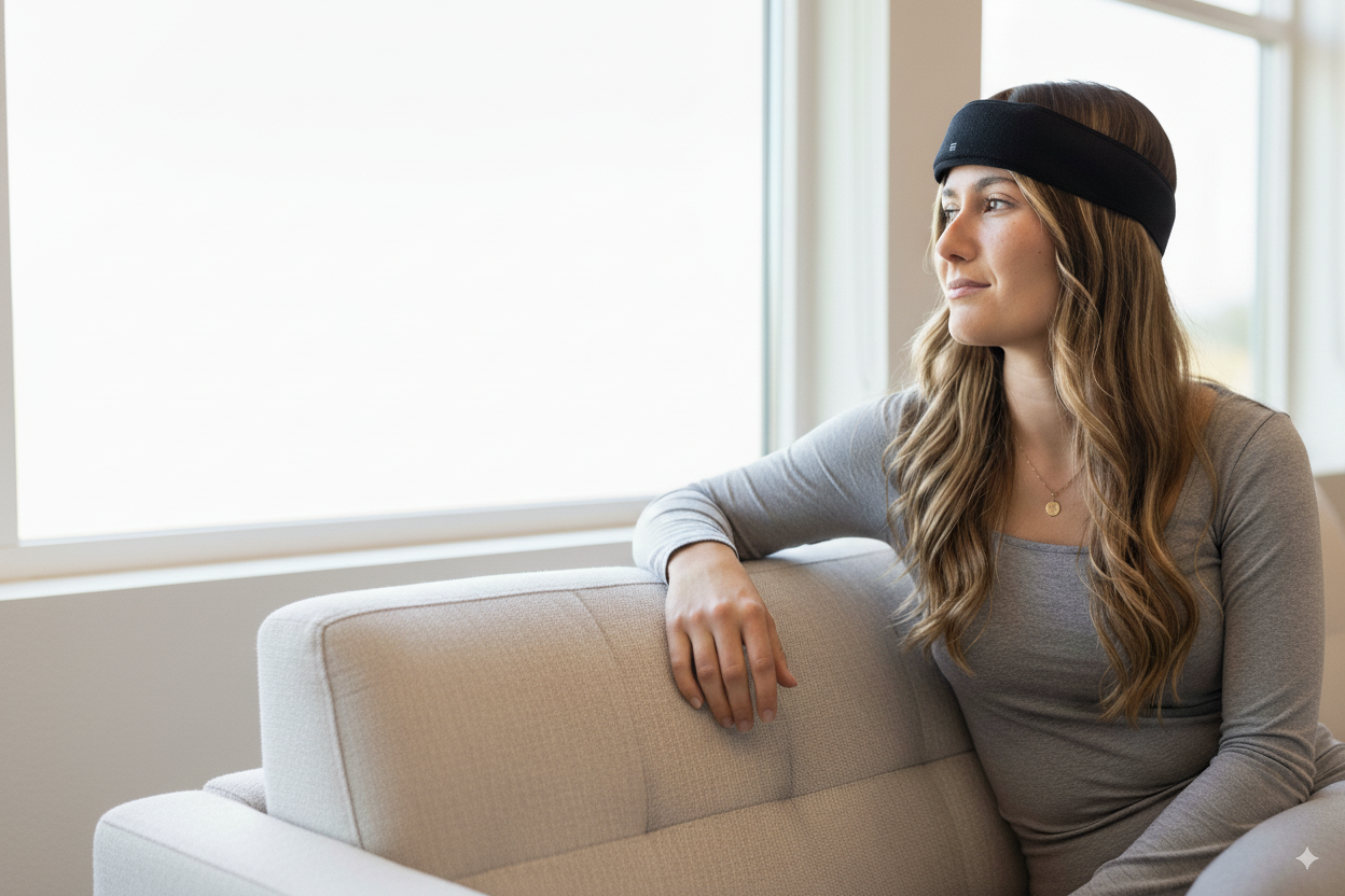 Woman wearing a black sonu band sitting on a couch in a bright room.